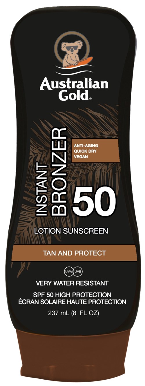 A bottle of Australian Gold Instant Bronzer SPF 50 sunscreen, labeled for tanning and protection, water resistant, vegan, anti-aging.