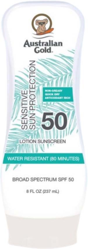 Australian Gold Sensitive Sun Protection SPF 50 lotionflaske med palmebladsillustrasjon og produktdetaljer.
