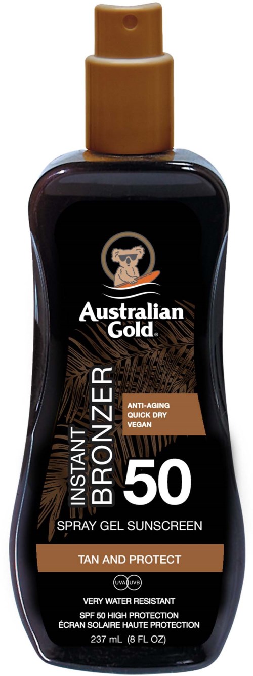Een fles Australian Gold Instant Bronzer SPF 50 spraygelsunscreen, ontworpen voor zonnen en bescherming de hele dag.