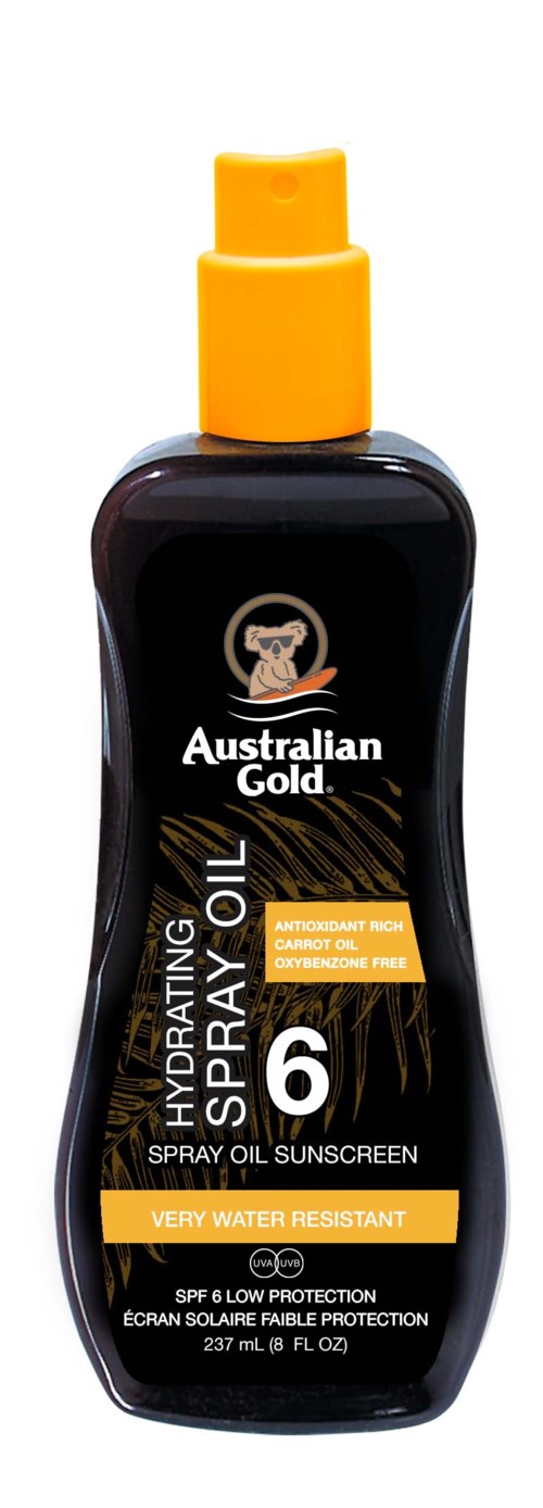 Zwarte sprayfles met gele dop en label, genaamd "Australian Gold." Het bevat sprayolie zonnebrandcrème met SPF 6 en waterbestendig.