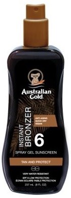 Fles Australian Gold spraygel zonnebrandcrème nummer 6 voor tanning, bescherming en hydratatie.
