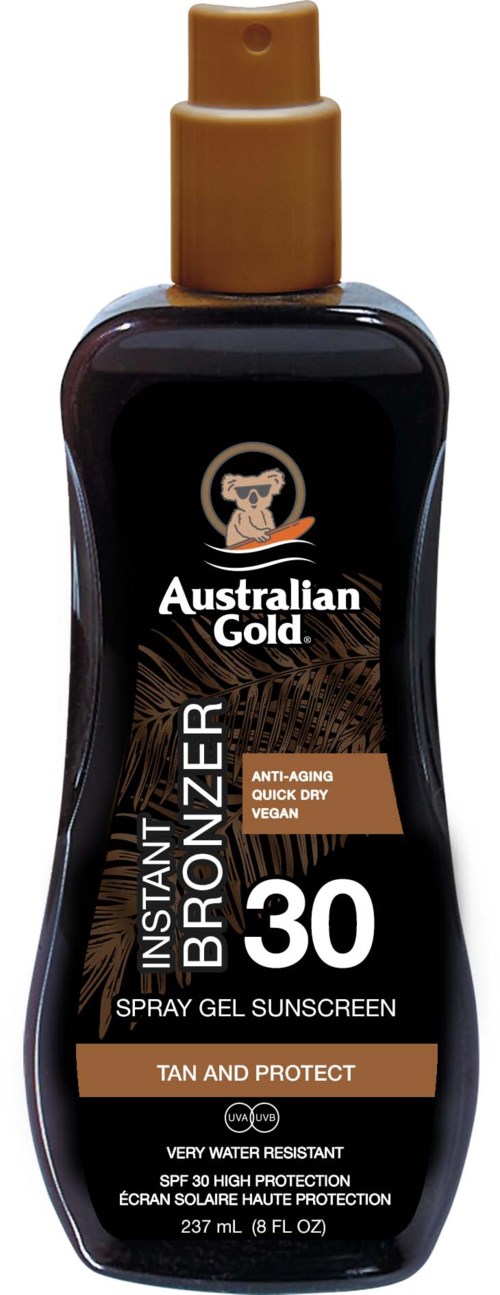 A black sunscreen spray bottle with a gold cap, labeled Australian Gold, SPF 30, for tanning and protection.