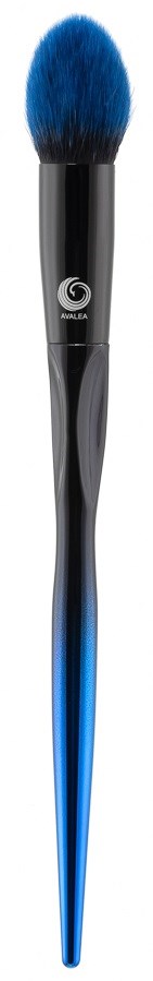 A makeup brush with black handle, blue and black bristles, and a sleek design.