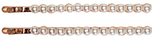 Two pearl hairpins with small white pearls on a gold-colored clip.