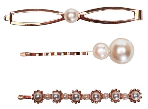Three pearl hair accessories, each with different designs and sizes, made of gold and featuring pearl decorations.