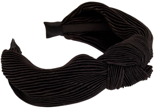 A black fabric headband with pleated, shiny stripes and a bow on one side.