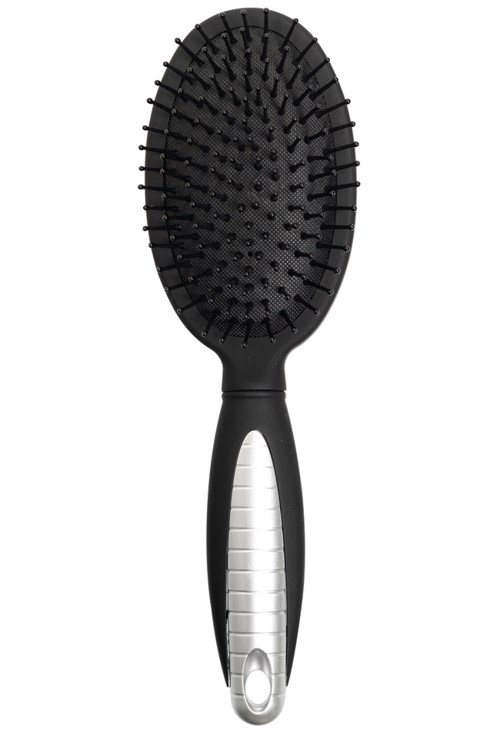 A black hairbrush with a white handle, oval shape, and many bristles for hair detangling.