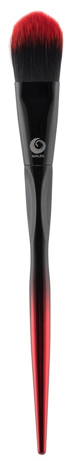 A makeup brush with black and red bristles, a black handle, and a shiny red tip.