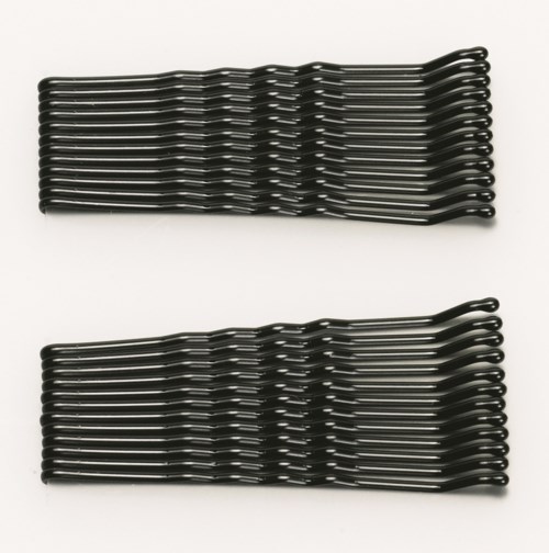 Two sets of black hairpins arranged neatly on a white surface.