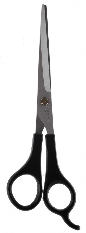A pair of scissors with black handles and long, straight silver blades.