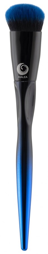 A makeup brush with a black handle, blue-tipped brush head, and a logo on the handle.