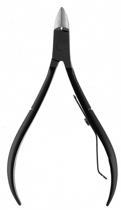 A pair of black garden shears with curved handles and sharp blades for cutting plants.