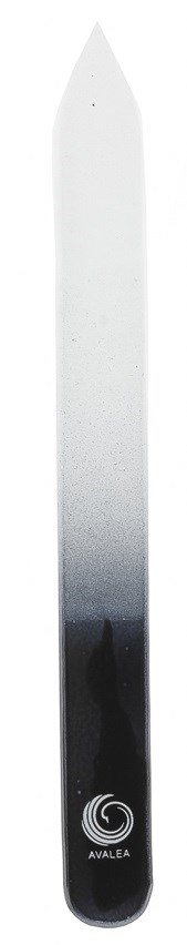 A ski pole with a white upper part fading to black at the bottom and a logo near the base.