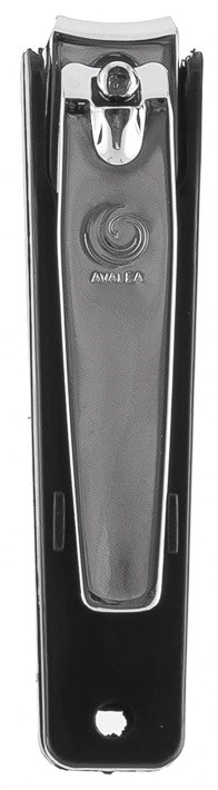 A silver hair clipper with a black handle, curved blade, and a logo on the front.