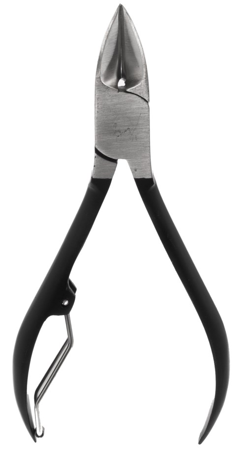 Clippers with black handles and a metal cutting blade, used for trimming hair or nails.