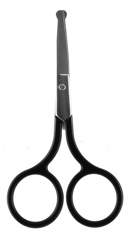 Ett par små saxar med runda handtag och raka blad, används för noggrann klippning.