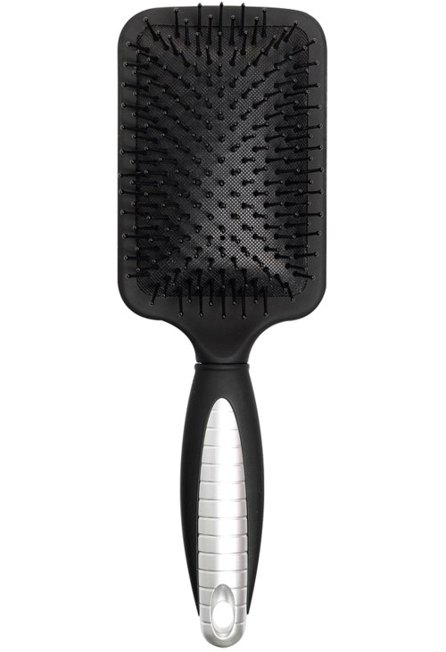 A black hairbrush with a rubber grip and widely spaced plastic bristles.