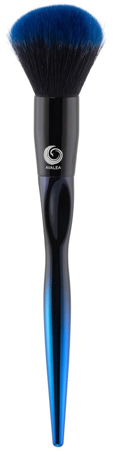 A makeup brush with black and blue bristles and a sleek black handle. It is used for applying cosmetics.
