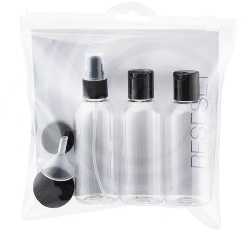 Clear travel bottles with black caps and a small funnel in a transparent pouch.