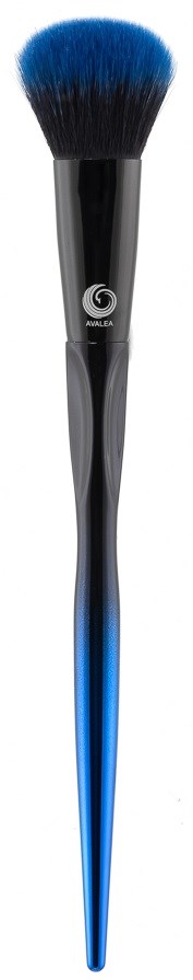 A makeup brush with black handle, blue tips, and rounded fluffy bristles.