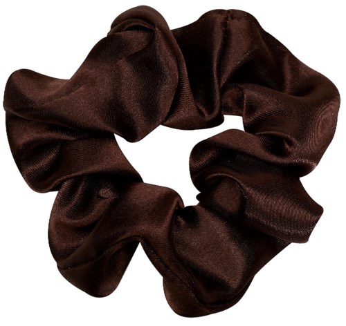 A dark brown satin fabric scrunchie with a shiny appearance and soft texture.