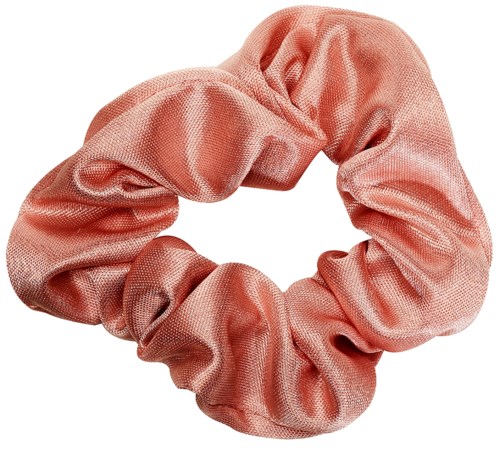 A pink satin fabric scrunchie used for tying hair in a ponytail or bun.