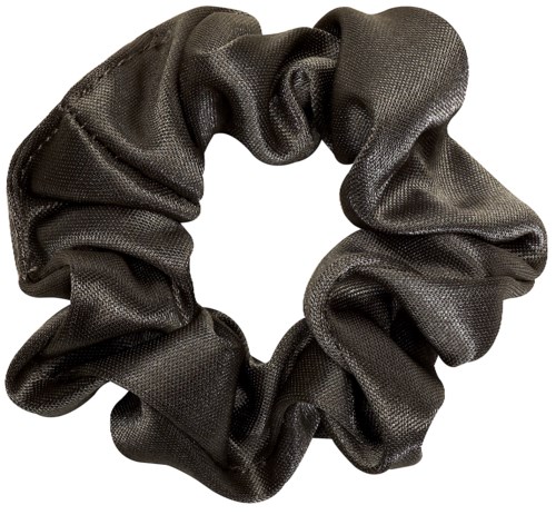 A black fabric hair tie or scrunchie, soft and ruffled, used to tie hair.