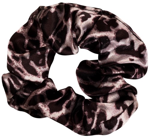 A black and pink leopard print scrunchie for hair. It is made of soft fabric and is round.