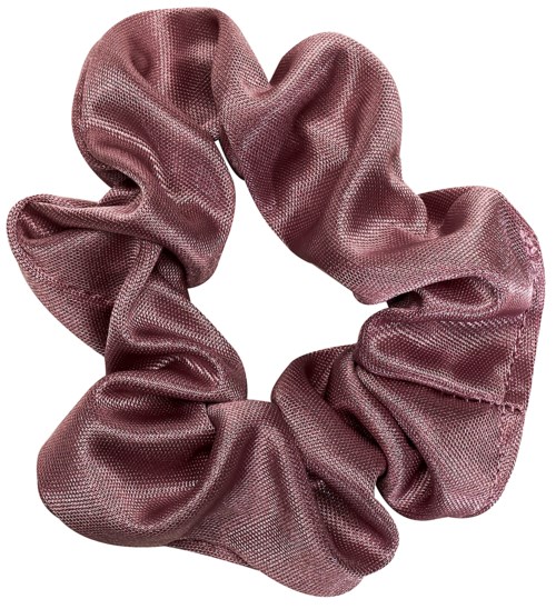 A pinkish satin hair scrunchie with gathered fabric forming a circular shape.