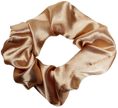 A shiny, beige satin scrunchie made of soft fabric. It forms a circular shape for hair. Simple and smooth design.