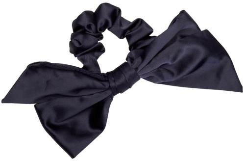 A black fabric hair tie with a big bow on it.