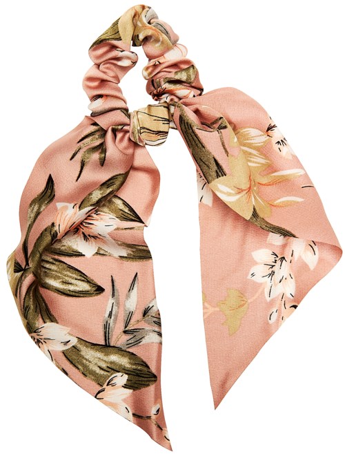A pink scarf with a floral pattern and a bow knot, made of soft fabric with green and cream leaves.