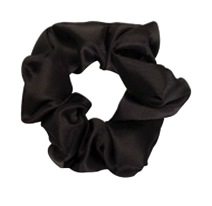 A black fabric scrunchie in a circular shape, used for tying hair.