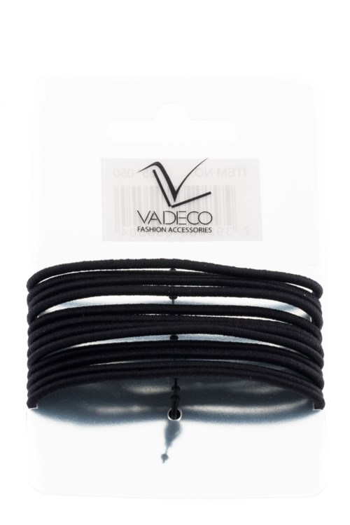 Multiple black hairbands arranged in a row on white background with a Vadeco logo.