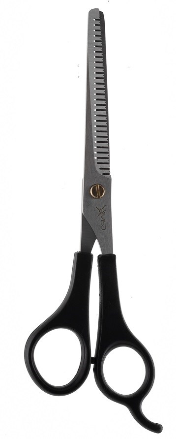 A pair of hair cutting scissors with black handles and a silver blade.