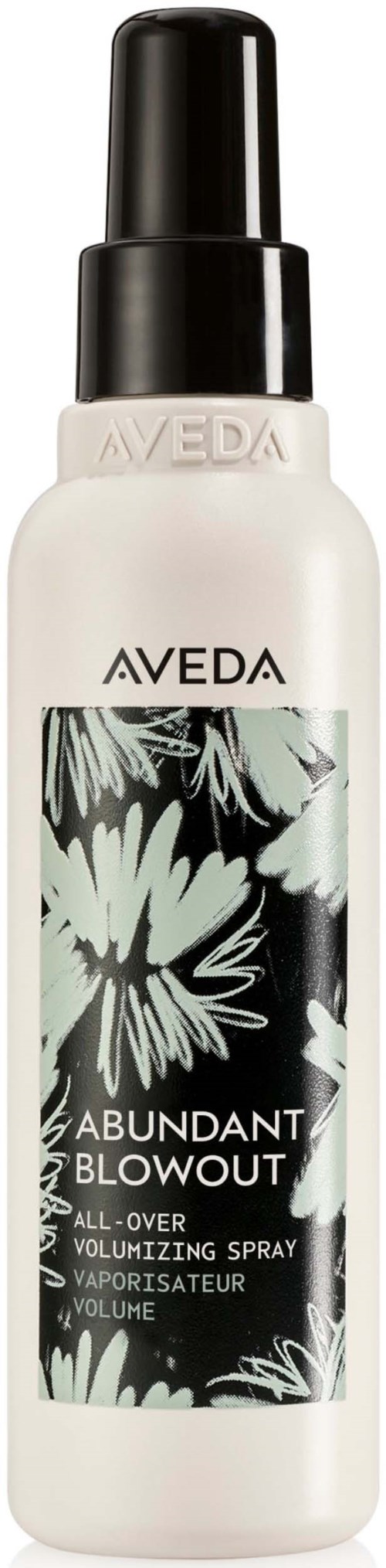 Eine weiße Flasche mit schwarzem Sprühkopf, genannt Aveda Abundant Blowout, hat Blumen- und Textdesign.