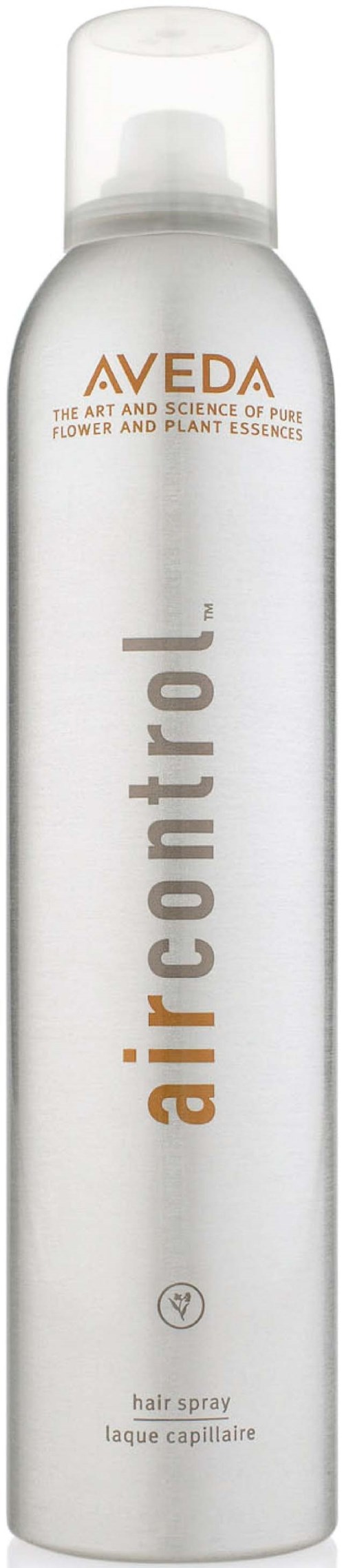 Eine lange, weiße Dose Aveda air control Haarspray mit klarer Kappe.