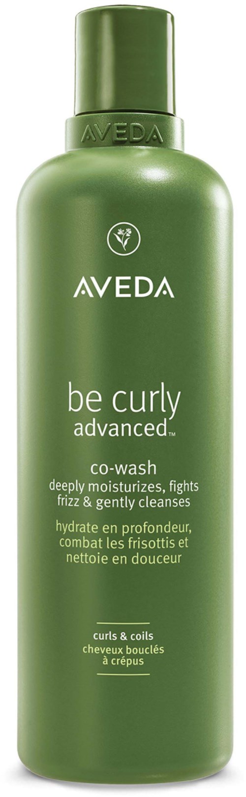 Eine grüne Flasche mit Aveda be curly advanced co-wash für Locken und Spiralen, sagt, dass sie tief spendet und sanft reinigt.