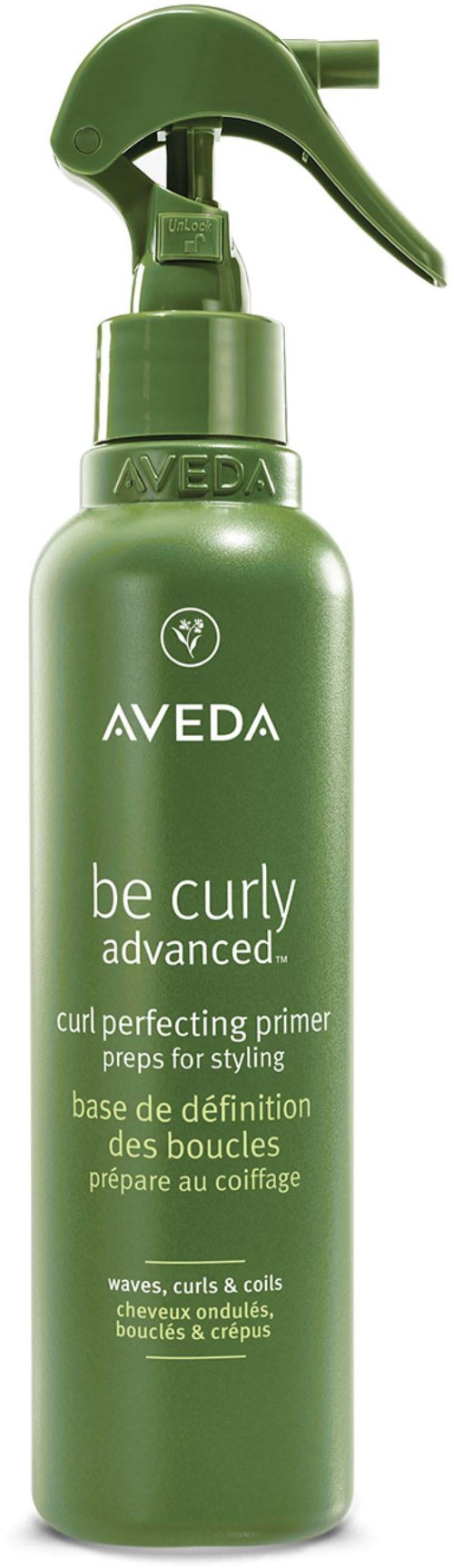Grüne Flasche mit Sprühkopf. Aveda be curly fortschrittliche Lock-Perfektionierung Primer für Styling.