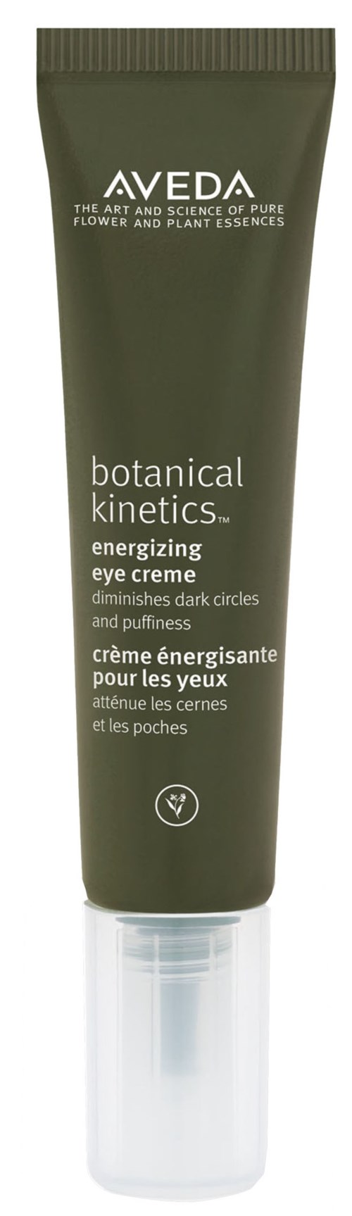 Eine grüne Tube mit Aveda-Augencreme mit weißem Text, soll dunkle Ringe und Schwellungen verringern.