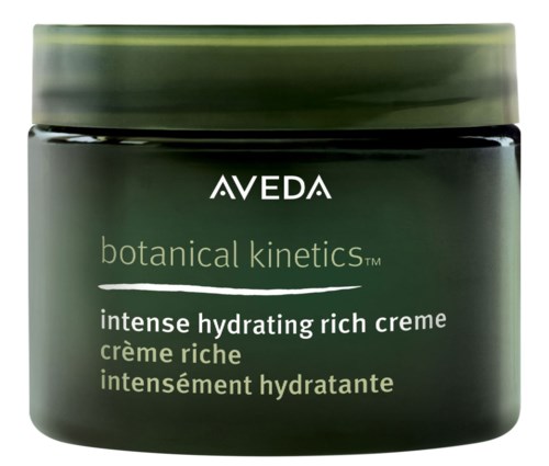 Grüner Behälter mit weißen und goldenen Text, gekennzeichnet als Aveda botanical kinetics intensive feuchtigkeitsspendende reiche Creme.