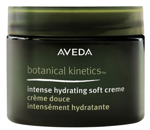 Ein schwarzer Behälter mit grünem Deckel, mit Aveda beschriftet, enthält intensiv hydratisierende Weichcreme für die Haut.