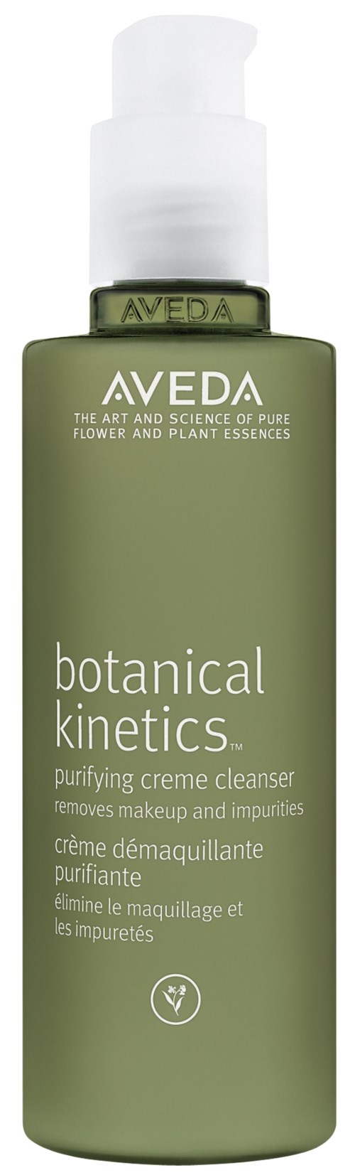 Grüne Flasche mit Aveda Botanical Kinetics reinigende Creme-Reiniger mit weißem Pumpkopf.