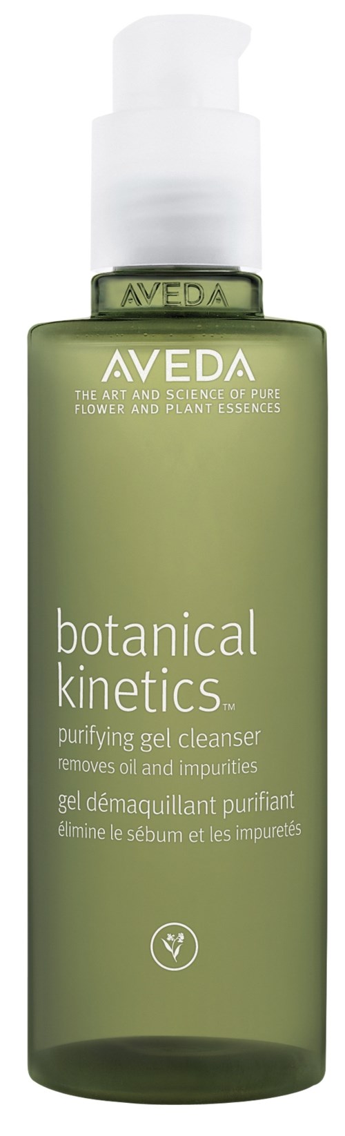 Groene fles met wit pompje, gemarkeerd als Aveda botanical kinetics zuiverende gelreiniger.
