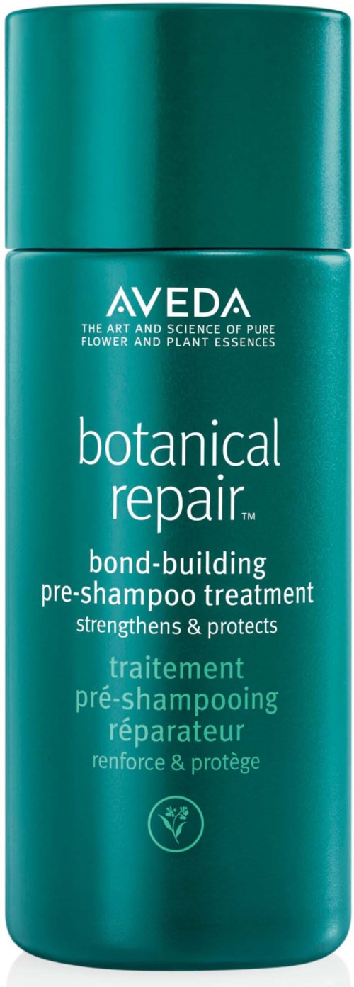 Eine türkisfarbene Flasche von Aveda Botanical Repair Bond-Builder Pre-Shampoo-Behandlung mit weißen und hellgrünen Texten.