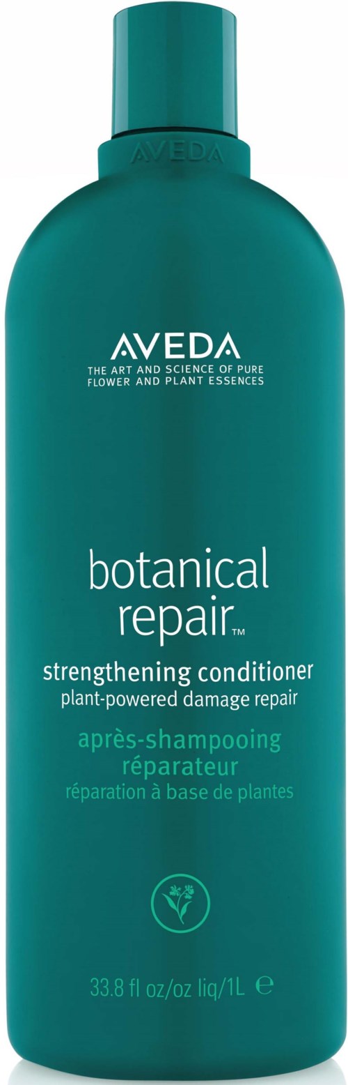 Eine türkise Flasche mit Aveda botanical repair stärkende Spülung mit weißen Text und einem kleinen Pflanzen-Symbol.