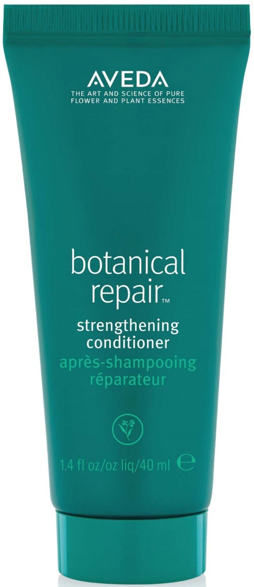 Eine türkisfarbene Flasche mit der Aufschrift Aveda Botanical Repair stärkender Conditioner, 40 ml, mit einfachem Text und klarem Design.