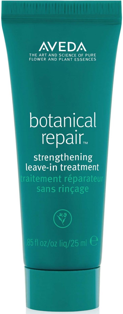 Aqua-grüne Tube von Aveda Botanical Repair stärkende Leave-in-Behandlung, 25 ml, mit Text und kleinem Logo.