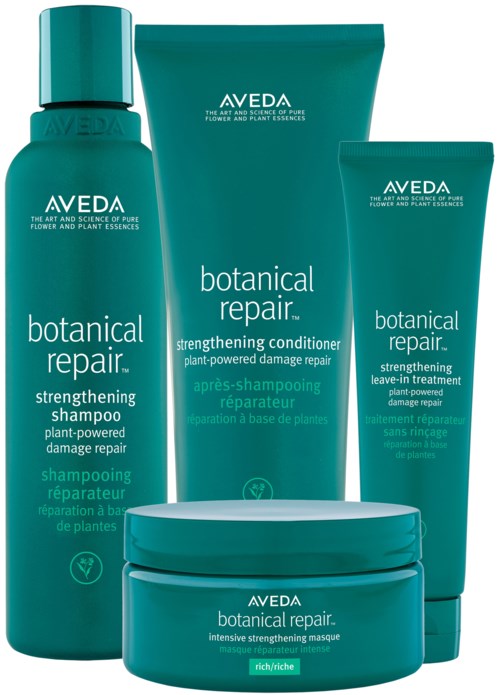 Vier teal-farbene Haarpflegeprodukte mit Aufschrift 'botanical repair' zur Stärkung und Reparatur von Haarschäden.
