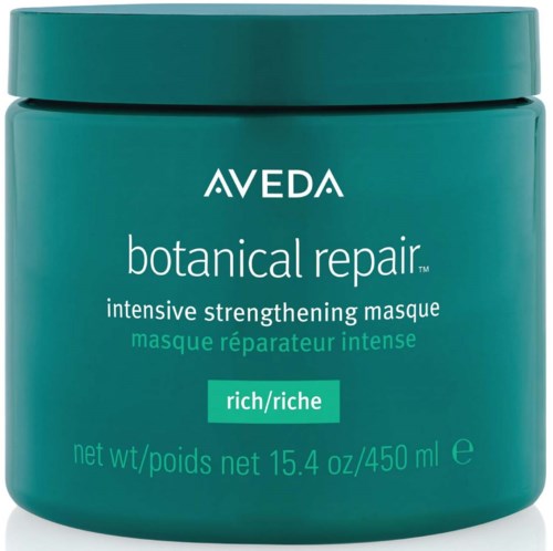 Ein türkisfarbener Behälter von Aveda Botanical Repair Maske für intensive Haarchar fortifikation, mit der Bezeichnung reich.